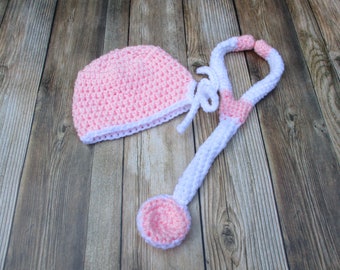 Crochet Baby Girl Scrub Hat and Stethoscope Set: Pink Newborn Costume