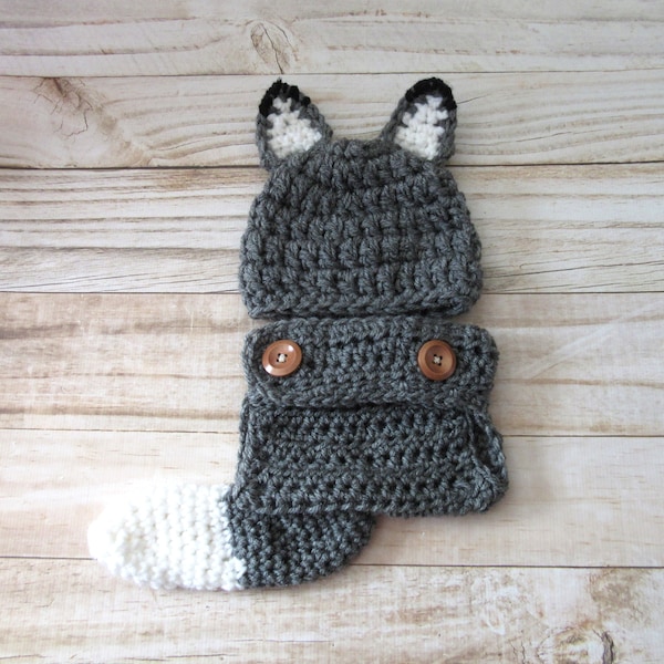 Baby Wolf Outfit, Newborn Wolf Diaper Cover Set, Baby Wolf Hat, Newborn Photo Prop, Wolf Halloween Costume, Baby Wolf Costume, Infant