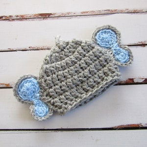 Crochet Baby Elephant Hat: Heather Gray & Blue, Newborn Costume