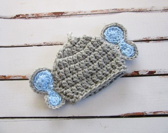 Crochet Baby Elephant Hat: Heather Gray & Blue, Newborn Costume