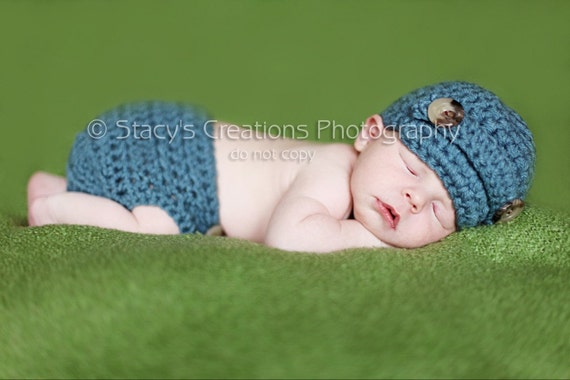 Crochet Baby Diaper Cover Set: Blue Newsboy Hat, Newborn Photo