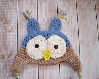 Baby Boy Hat, Baby Boy Owl Hat, Newborn Owl Hat, Awake Owl Hat, Crochet Owl Hat, Baby Halloween Hat, Baby Owl Photo Prop, Blue