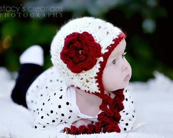 Crochet Baby Girl Hat, Newborn Baby Bonnet, Baby Girl Flower Hat, Baby Girl Christmas Hat, Newborn Coming Home Hat, Infant, Winter