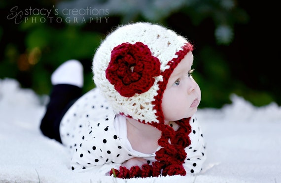 Crochet Baby Girl Hat, Crochet Baby Bonnet, Flower, Crochet Newborn Hat,  Infant Bonnet, Valentine Hat, Baby Photo Prop, Scarlet, Cream 