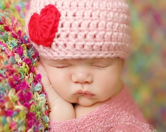 Valentine Baby Girl Hat: Pink Crochet Beanie with Red Heart