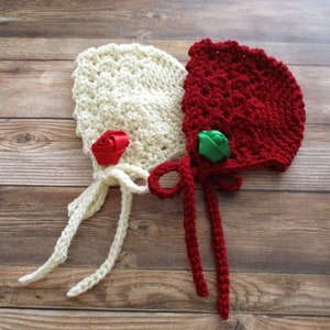 Crochet Baby Girl Christmas Hat, Christmas Newborn Bonnet, Baby Bonnet, Baby Girl Winter Hat, Infant Coming Home Hat, Baby Girl Flower Hat