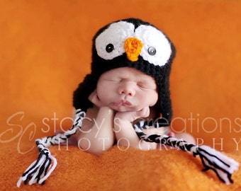 Crochet Baby Penguin Hat, Newborn Animal Hat, Infant Boy Hat, Baby Halloween Hat, Baby Hat with Ear Flaps and Ties, Baby Girl Photo Prop