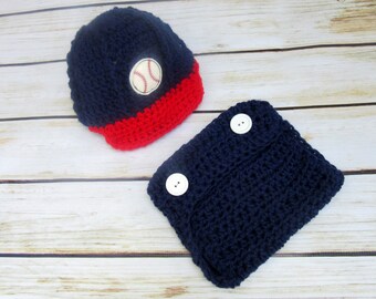 Newborn Baseball Outfit, Baby Boy Hat and Diaper Cover Set, Baby Baseball Hat, Newborn Baseball Cap, Red, Navy Blue, Infant Boy Photo Prop