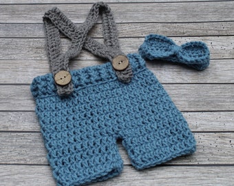 Crochet Baby Boy Outfit: Blue Shorts, Bow Tie, Adjustable Suspenders