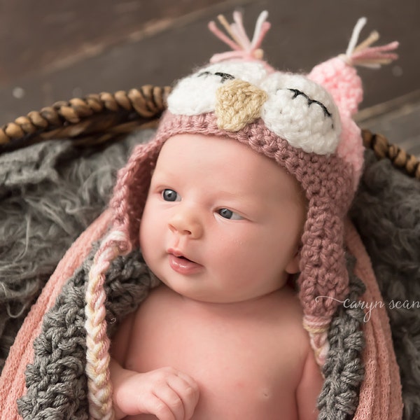 Chapeau d'Halloween bébé fille, chapeau de bébé, chapeau de hibou de bébé fille, chapeau de bébé fille, chapeau de hibou au crochet, chapeau de hibou nouveau-né, chapeau de hibou pour bébé, rose, chouette endormie
