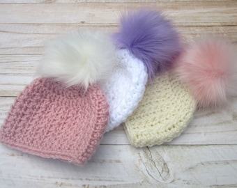 Baby Hats for Girls, Baby Girl Winter Hats, Baby Beanies, Girl Baby Hats, Baby Hats with Pom Poms, Crochet Newborn Hats, Infant Girl Hats