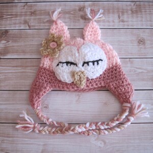 Virkad Owl Baby Halloween-kostymhatta: Rosa nyföddfotorekvisita bild 4