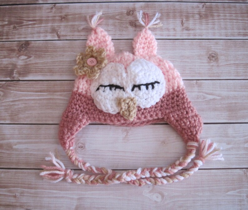 Virkad Owl Baby Halloween-kostymhatta: Rosa nyföddfotorekvisita bild 4