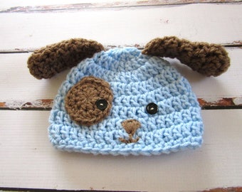 Gorro de cachorro de bebé a crochet: conjunto para recién nacido de acrílico azul y marrón