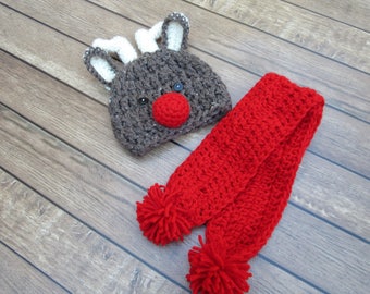 Baby Boy Reindeer Hat, Baby Hat and Scarf Set, Newborn Boy Christmas Outfit, Baby Boy Christmas Hat, Baby Boy Winter Hat, Baby Photo Prop