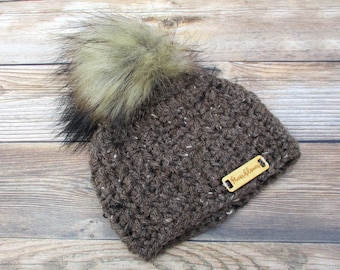 Crochet Baby Beanie: Barley Brown Pom Pom Newborn Hat