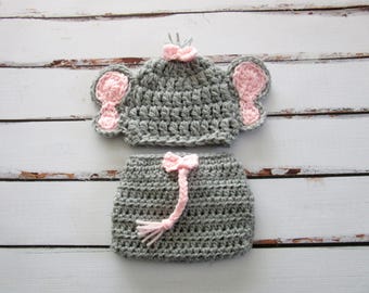 Newborn Elephant Outfit, Baby Girl Hat and Diaper Cover Set, Baby Girl Elephant Set, Baby Elephant Costume, Baby Girl Photo Prop Set, Pink