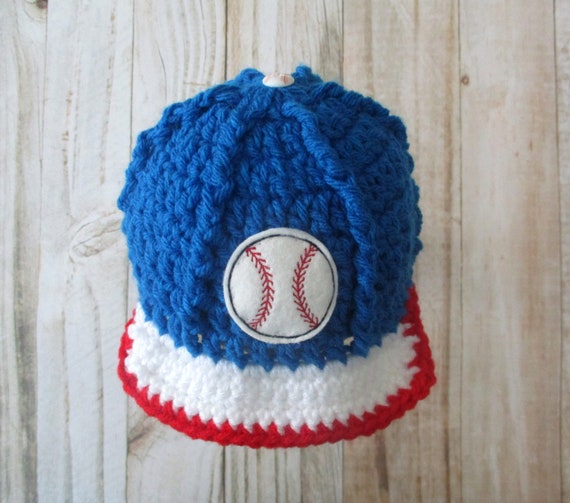 Crochet Baby Baseball Hat: Royal Blue, Red & White Acrylic  display picture 3