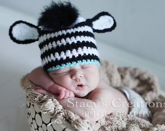 Newborn Zebra Hat: Aqua & Black Crochet Baby Beanie