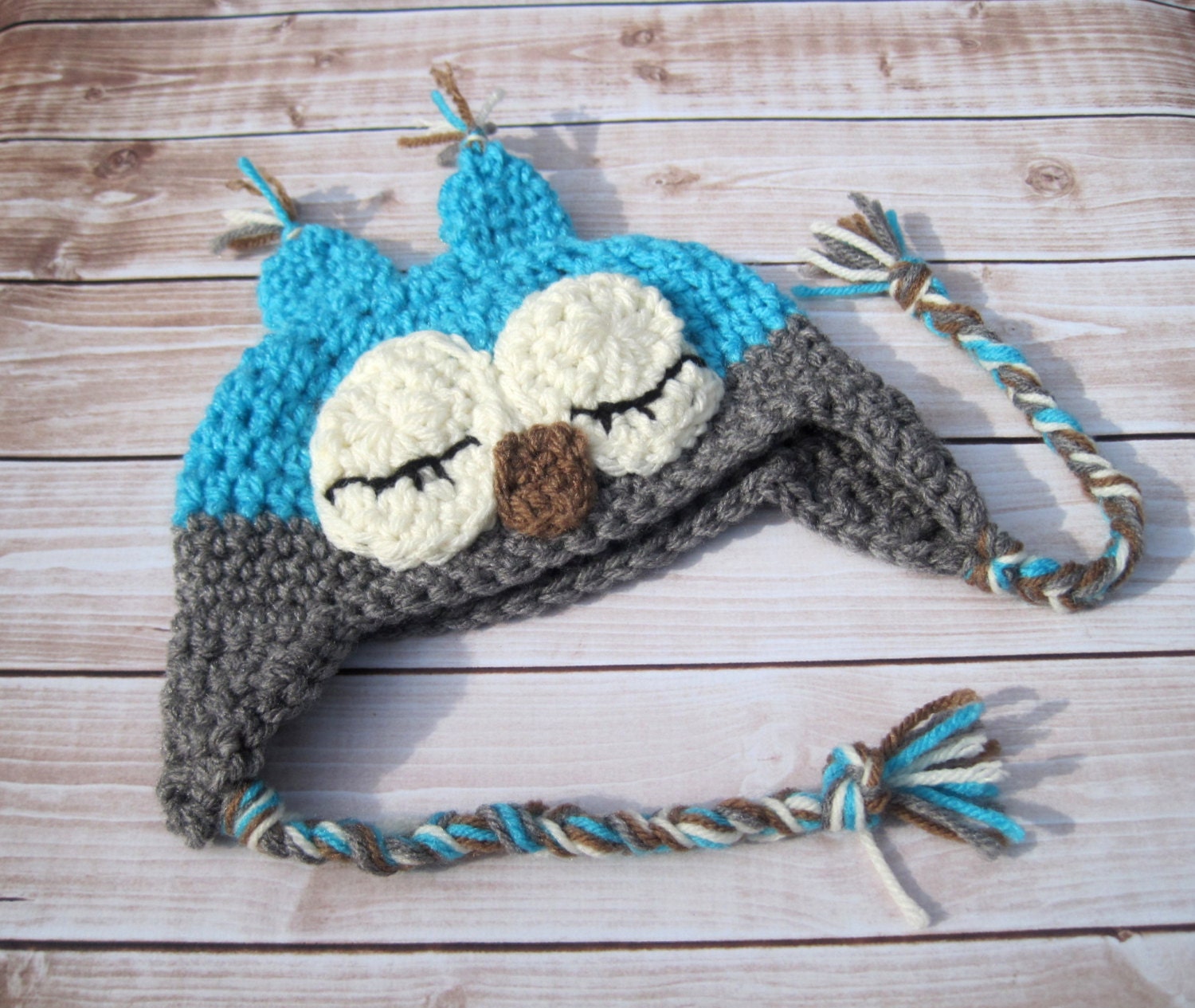 Crochet Baby Owl Hat: Turquoise Blue, Gray, and Ivory