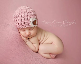 Pink Baby Girl Hat: Crochet Beanie with Wooden Heart Button