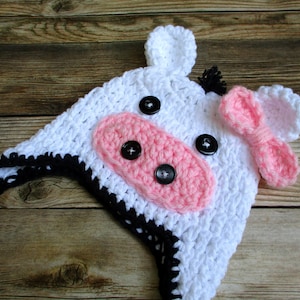 Crochet Baby Girl Cow Hat, Baby Girl Halloween Costume, Newborn Cow Hat, Newborn Costume, Baby Cow Outfit, Baby Animal Hat, Infant, Pink