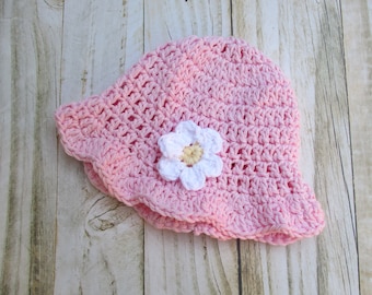 Pink Cotton Baby Sun Hat: Newborn Girl Summer Hat with Flower