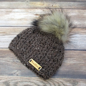 Baby Winter Hat: Brown Acrylic Beanie with Faux Fur Pom