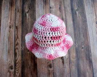 Cotton Baby Sun Hat: Pink & White Floppy Brim, Newborn Girl