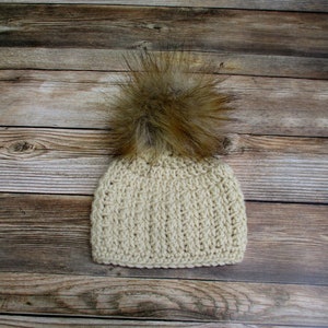 Acrylic Baby Beanie with Faux Fur Pom Pom, Winter Hat