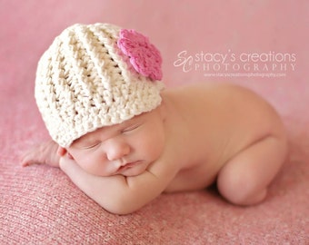 Cotton Newborn Baby Girl Hat, Baby Girl Newsboy Hat, Newborn Spring Hat, Infant Girl Beanie, Baby Girl Flower Hat