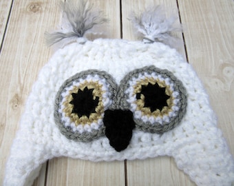Baby Owl Hat, Baby Snowy Owl Hat, Newborn Baby Owl Hat, Baby Boy Hat, Newborn Girl Hat, White Owl Hat, Baby Hat with earflap and ties