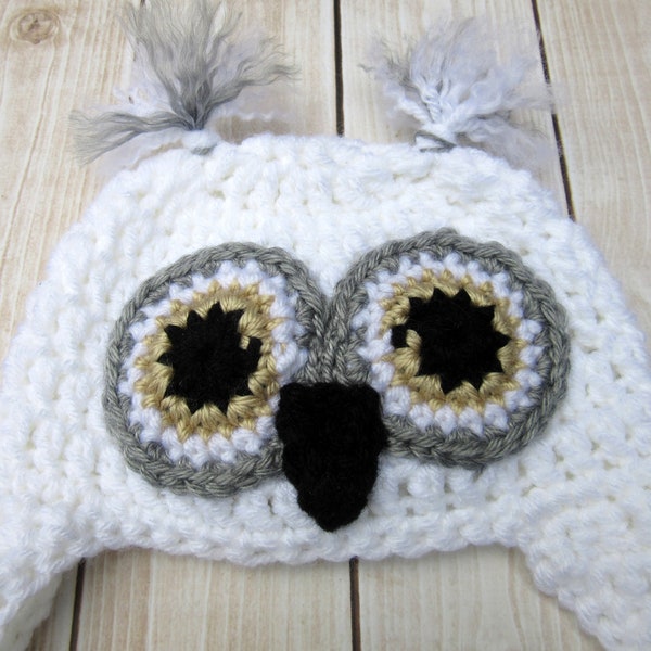 Baby Owl Hat, Baby Snowy Owl Hat, Newborn Baby Owl Hat, Baby Boy Hat, Newborn Girl Hat, White Owl Hat, Baby Hat with earflap and ties