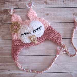Virkad Owl Baby Halloween-kostymhatta: Rosa nyföddfotorekvisita bild 2