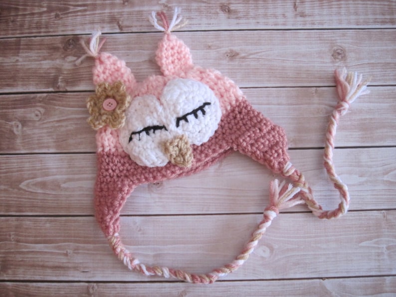Virkad Owl Baby Halloween-kostymhatta: Rosa nyföddfotorekvisita bild 2