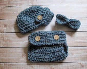 Baby Boy Hat, Baby Boy Bow Tie, Baby Hat and Bow Tie Set, Baby Newsboy Hat, Crochet Baby Hat, Baby Diaper Cover Set, Photo Prop, Blue