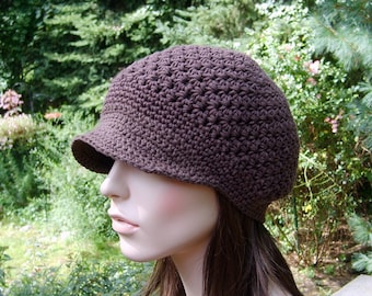 Crochet Newsboy Hat: Brown Cotton Brimmed Cap
