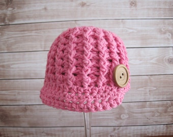 Crochet Baby Girl Hat, Newborn Girl Newsboy Hat, Cotton Baby Hat, Summer Baby Hat, Pink Infant Girl Hat, Baby Girl Beanie with Wood Button