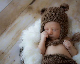 Baby Bären Mütze gehäkelt: Newborn Photo Prop, Braunes Acrylgarn