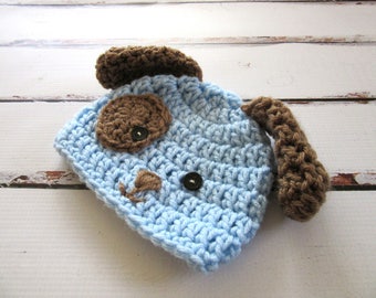 Gorro de cachorro de ganchillo para bebé: disfraz de perro azul y marrón, accesorio para fotos de recién nacidos
