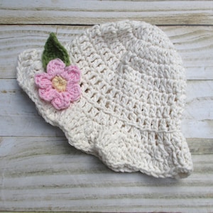 Cotton Baby Sun Hat: Ecru Crochet Newborn Girl Hat with Pink Flower