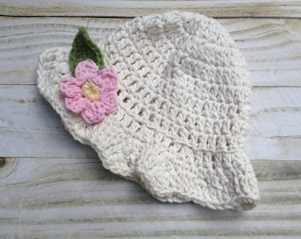 Cotton Baby Sun Hat: Ecru Crochet Newborn Girl Hat with Pink Flower