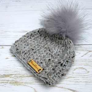Newborn Boy Beanie: Marble Acrylic Baby Hat with Faux Fur Pom