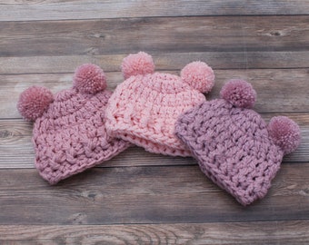 Double Pom Pom Baby Hat, Newborn Girl Hat, Winter Baby Girl Hat, Baby Girl Beanie, Newborn Hat, Baby Shower Gift, Infant Coming Home Hat