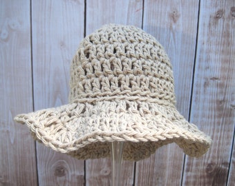 Crochet Baby Hat, Crochet Baby Girl Hat, Crochet Baby Sun Hat, Baby Summer Hat, Newborn Sun Hat, Infant Sun Hat, Floppy, Cotton, Tan
