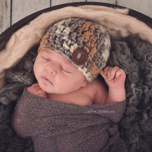 Crochet Baby Beanie: Sporty Newborn Boy Hat with Wooden Button