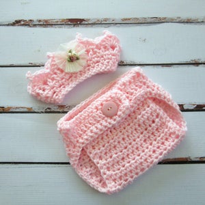 Gehäkelte Baby Krone und Windel Cover Set: Pink Princess Photo Prop