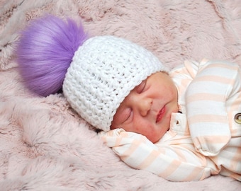 Baby Girl Hat with Pom Pom, Baby Girl Winter Hat, Girl Newborn Hat, Pom Pom Baby Beanie, Baby Hat, Newborn Hat, Infant Hat, Purple