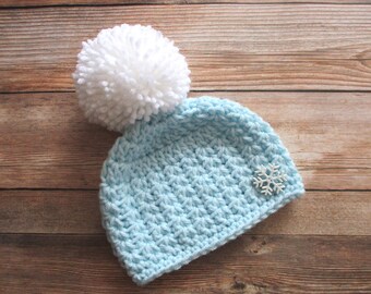 Snowflake Baby Hat, Christmas Baby Hat, Winter Newborn Hat, Baby Boy Hat, Newborn Girl Winter Hat, Christmas Baby Beanie, Pom Pom, Blue