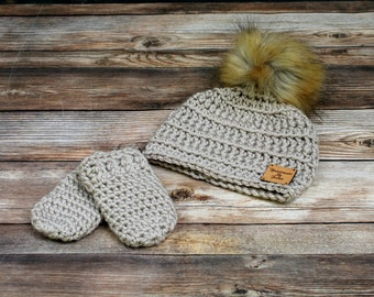 Baby Pom Pom Hat and Mitten Set, Baby Beanie for Fall, Boy Baby Hat, Newborn Girl Hat, Baby Homecoming Hat, Newborn Winter Hat, Infant